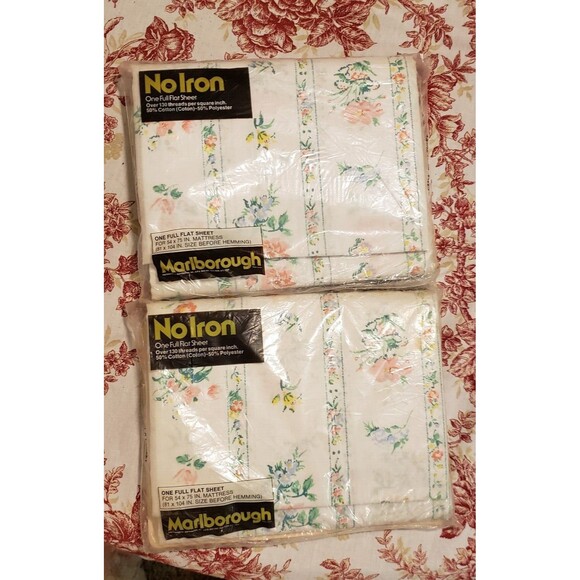 Vintage MARLBOROUGH SHEET FLAT FULL Size Set of 2 New Old Stock CHINTZ STRIPE - Picture 5 of 9